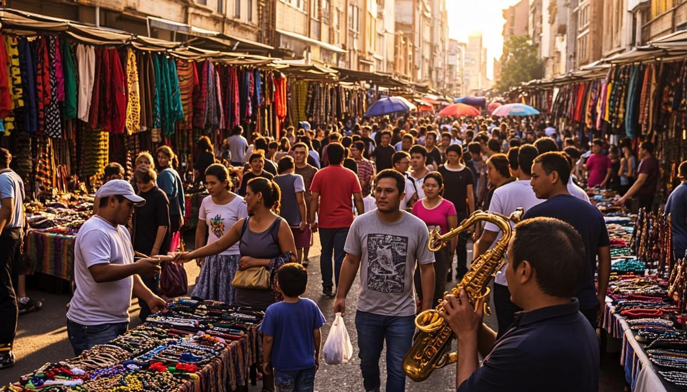 Feira cultural em Santa Maria com artesãos e famílias.